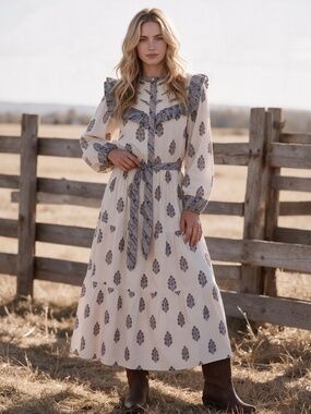 Sonmer Jane Beige Maxi Dress with Blue and Brown Floral Print